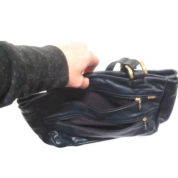 Vintage SAS Blue Leather Shoulder Bag Double Shoulder Straps Zip Snap Front 12x8 - Picture 10 of 10